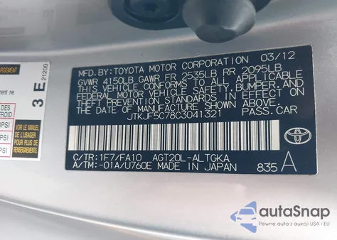 2012 Scion Tc z USA, uszkodzony, nr VIN JTKJF5C78C3041321